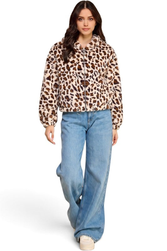 JACKET02F TIGER Leopard Print Faux Fur – Hooded Jacket