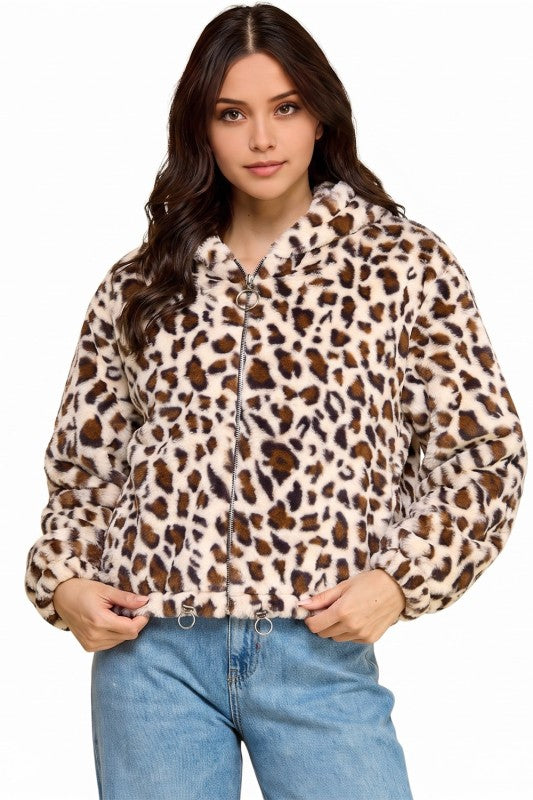 JACKET02F TIGER Leopard Print Faux Fur – Hooded Jacket
