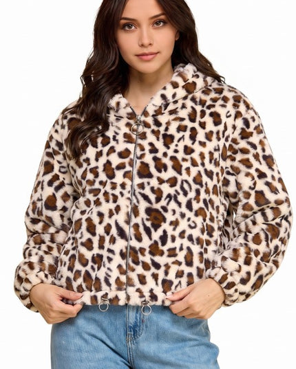 JACKET02F TIGER Leopard Print Faux Fur – Hooded Jacket