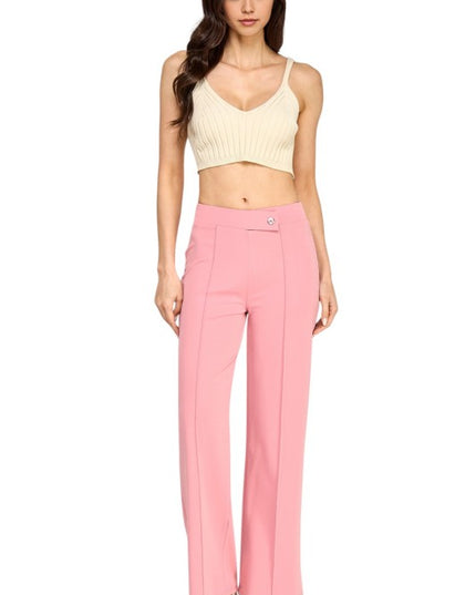 YC38 Button-Trimmed – High Rise Pleated Pants