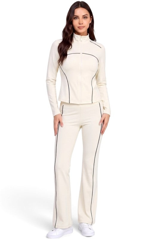 LU22M-SET Active Contrast Zip-Up Jacket – Flare Pant Set