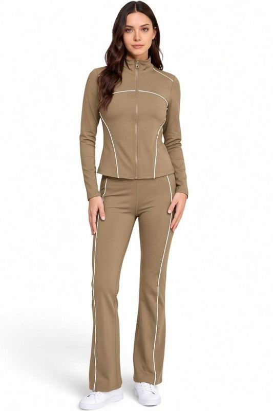 LU22M-SET Active Contrast Zip-Up Jacket – Flare Pant Set