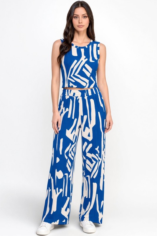 HK518 Unique Print Crinkle – Crop Top & Pant Set