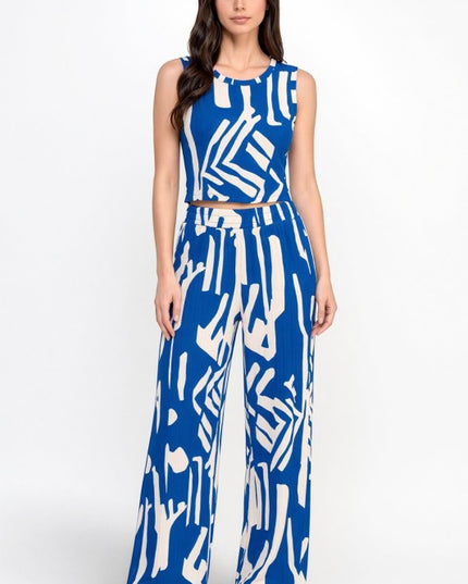 HK518 Unique Print Crinkle – Crop Top & Pant Set