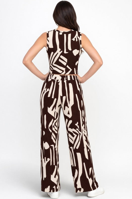 HK518 Unique Print Crinkle – Crop Top & Pant Set