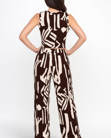 HK518 Unique Print Crinkle – Crop Top & Pant Set