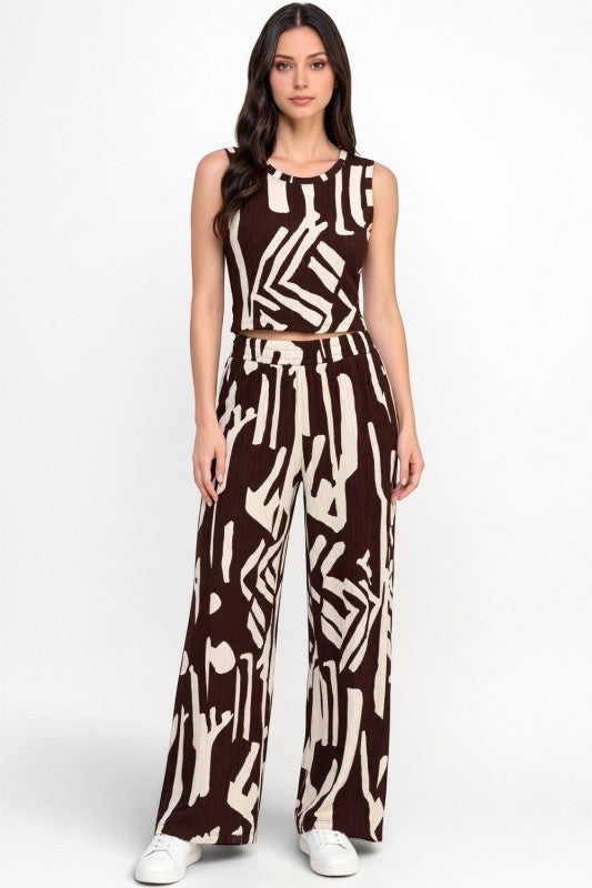 HK518 Unique Print Crinkle – Crop Top & Pant Set