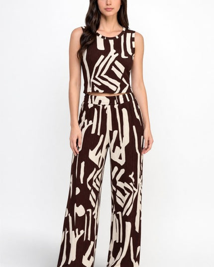 HK518 Unique Print Crinkle – Crop Top & Pant Set