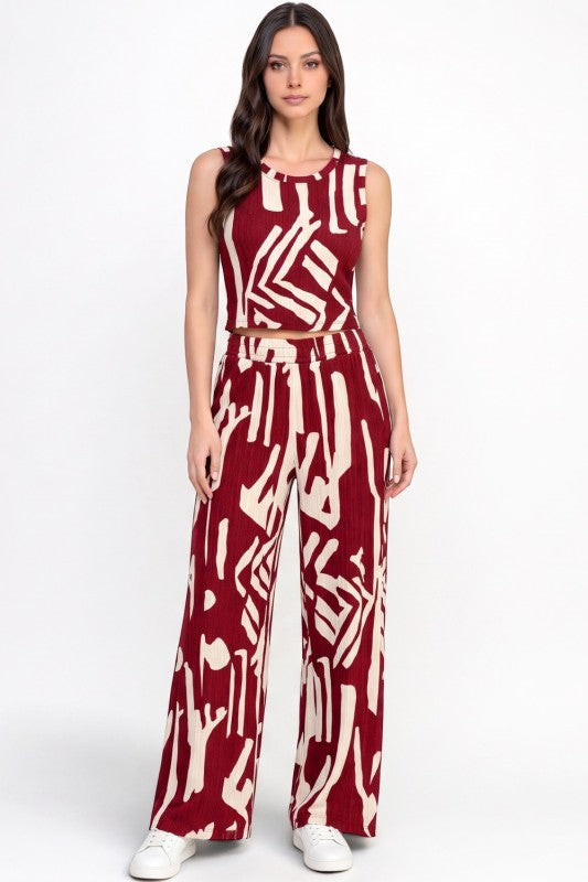 HK518 Unique Print Crinkle – Crop Top & Pant Set