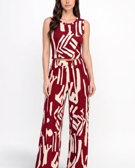 HK518 Unique Print Crinkle – Crop Top & Pant Set