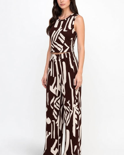 HK518 Unique Print Crinkle – Crop Top & Pant Set