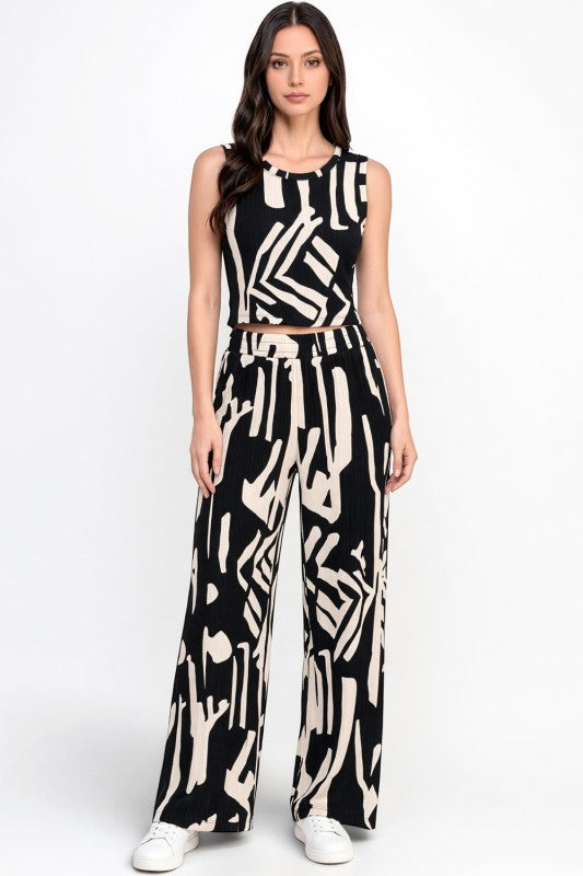 HK518 Unique Print Crinkle – Crop Top & Pant Set