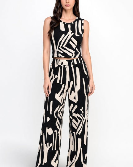 HK518 Unique Print Crinkle – Crop Top & Pant Set