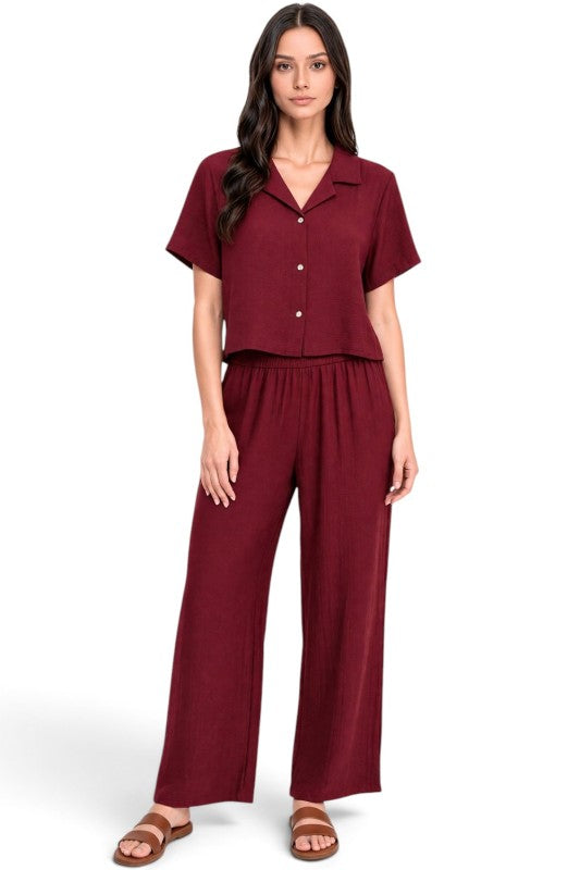 LELIS-501SET Linen-Inspired – Button-Down & Wide Leg Set