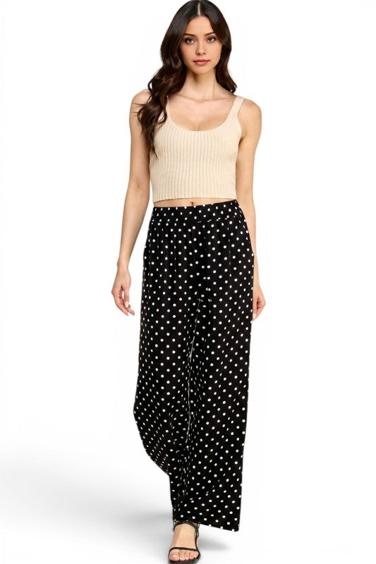 LELIS-05SP Linen-Inspired Polka Dot – Wide Leg Pants
