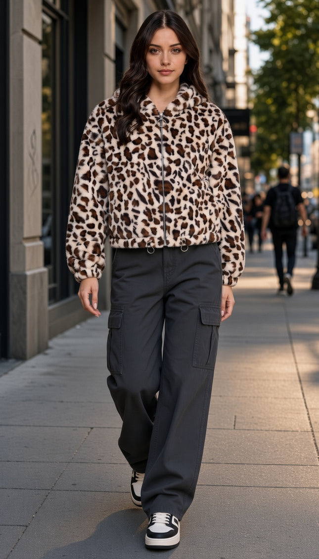 JACKET02F TIGER Leopard Print Faux Fur – Hooded Jacket