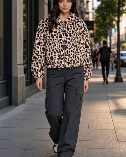 JACKET02F TIGER Leopard Print Faux Fur – Hooded Jacket