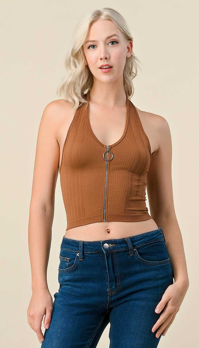 NS-33 Solid Texture Halter With O Ring Zipper Center Crop