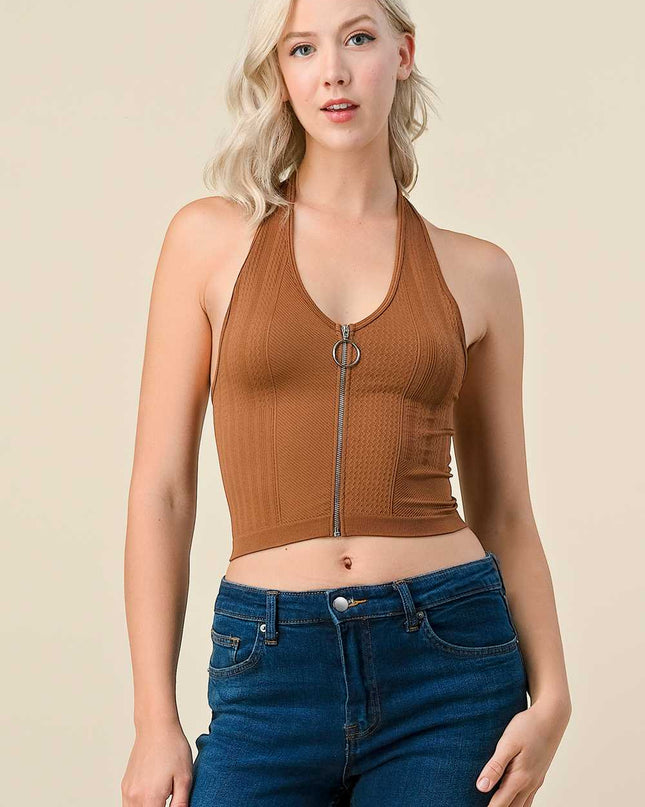 NS-33 Solid Texture Halter With O Ring Zipper Center Crop