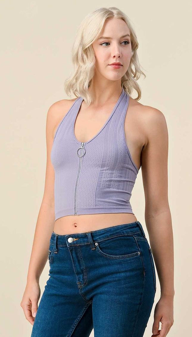 NS-33 Solid Texture Halter With O Ring Zipper Center Crop