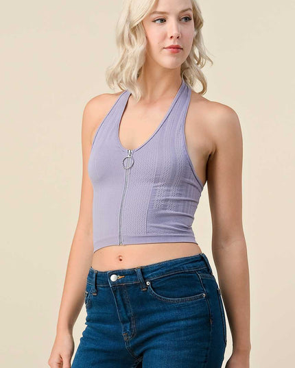 NS-33 Solid Texture Halter With O Ring Zipper Center Crop
