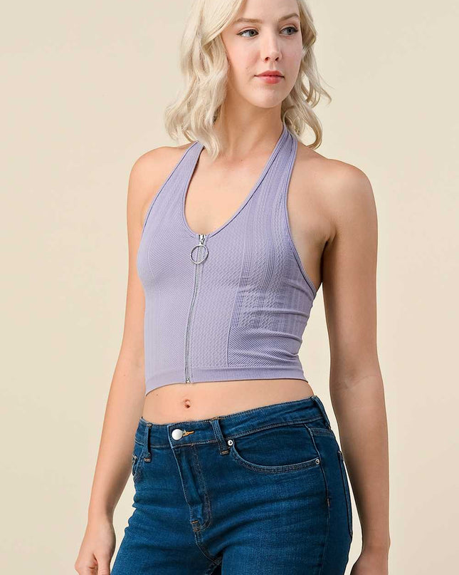 NS-33 Solid Texture Halter With O Ring Zipper Center Crop