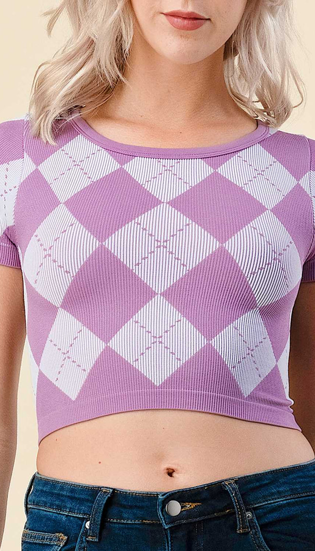 NT3801 Argyle Pattern Short Sleeve Crop Top