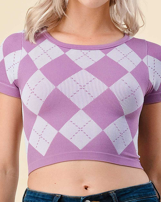 NT3801 Argyle Pattern Short Sleeve Crop Top