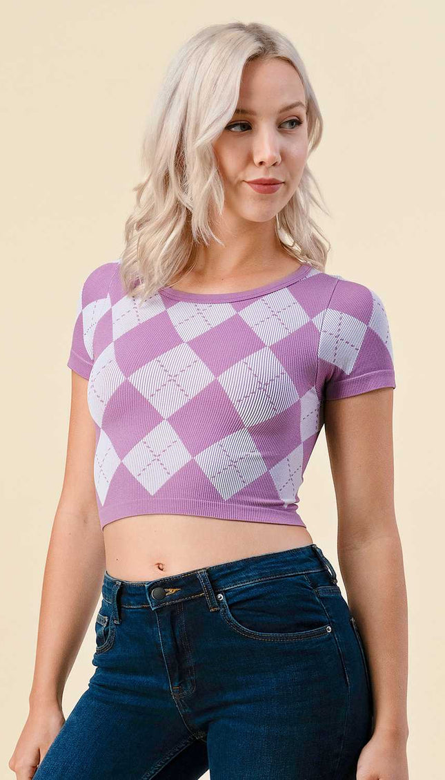 NT3801 Argyle Pattern Short Sleeve Crop Top