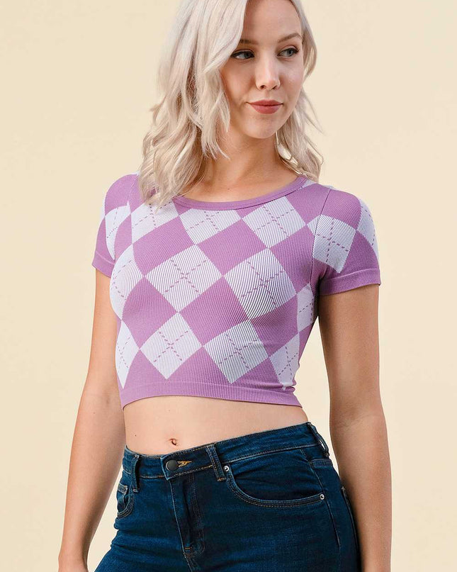 NT3801 Argyle Pattern Short Sleeve Crop Top