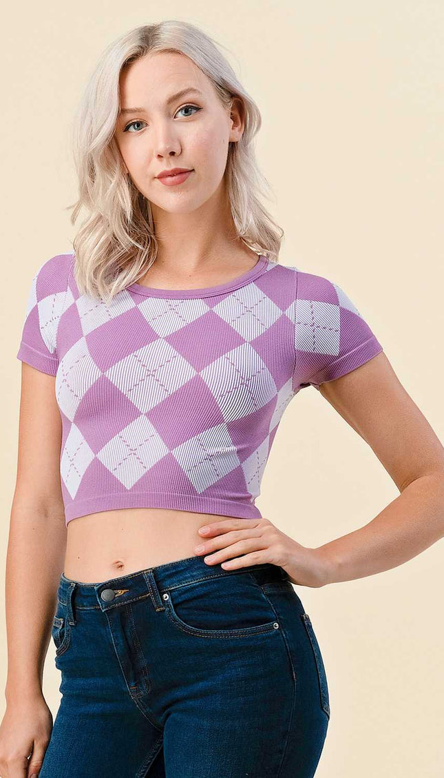NT3801 Argyle Pattern Short Sleeve Crop Top