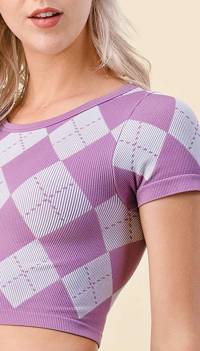 NT3801 Argyle Pattern Short Sleeve Crop Top