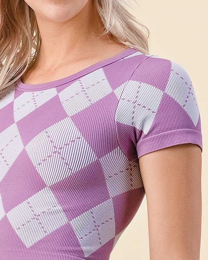 NT3801 Argyle Pattern Short Sleeve Crop Top