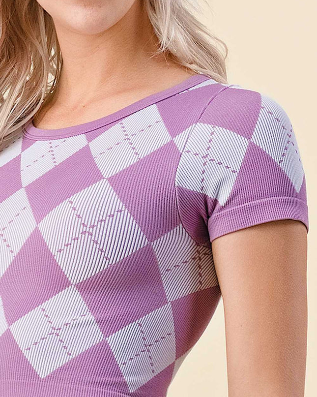 NT3801 Argyle Pattern Short Sleeve Crop Top