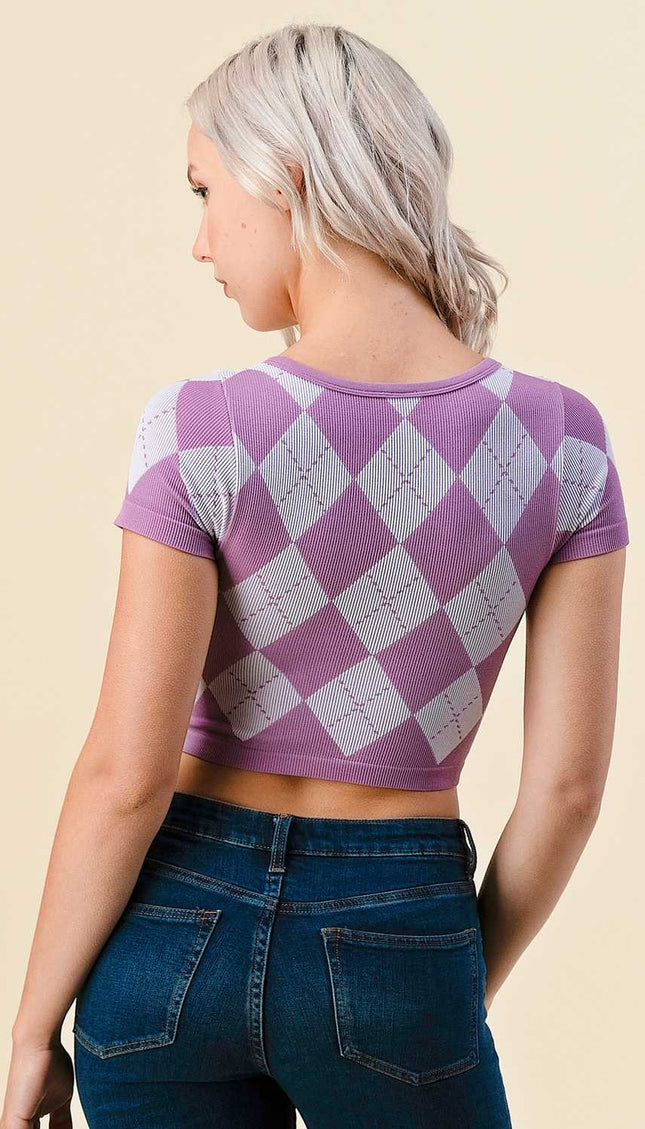 NT3801 Argyle Pattern Short Sleeve Crop Top