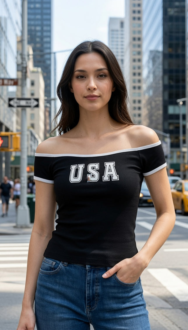 PT81 Off Shoulder Top – USA Graphic Statement Style