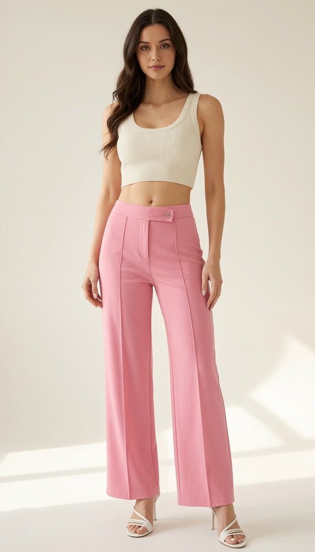 YC38 High Rise Pleated Pants – Button Detail Chic Style