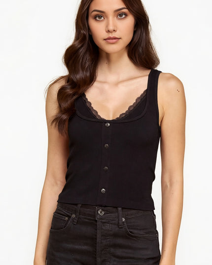 Button Front Lace Trim Cami – Fitted Stretch Top